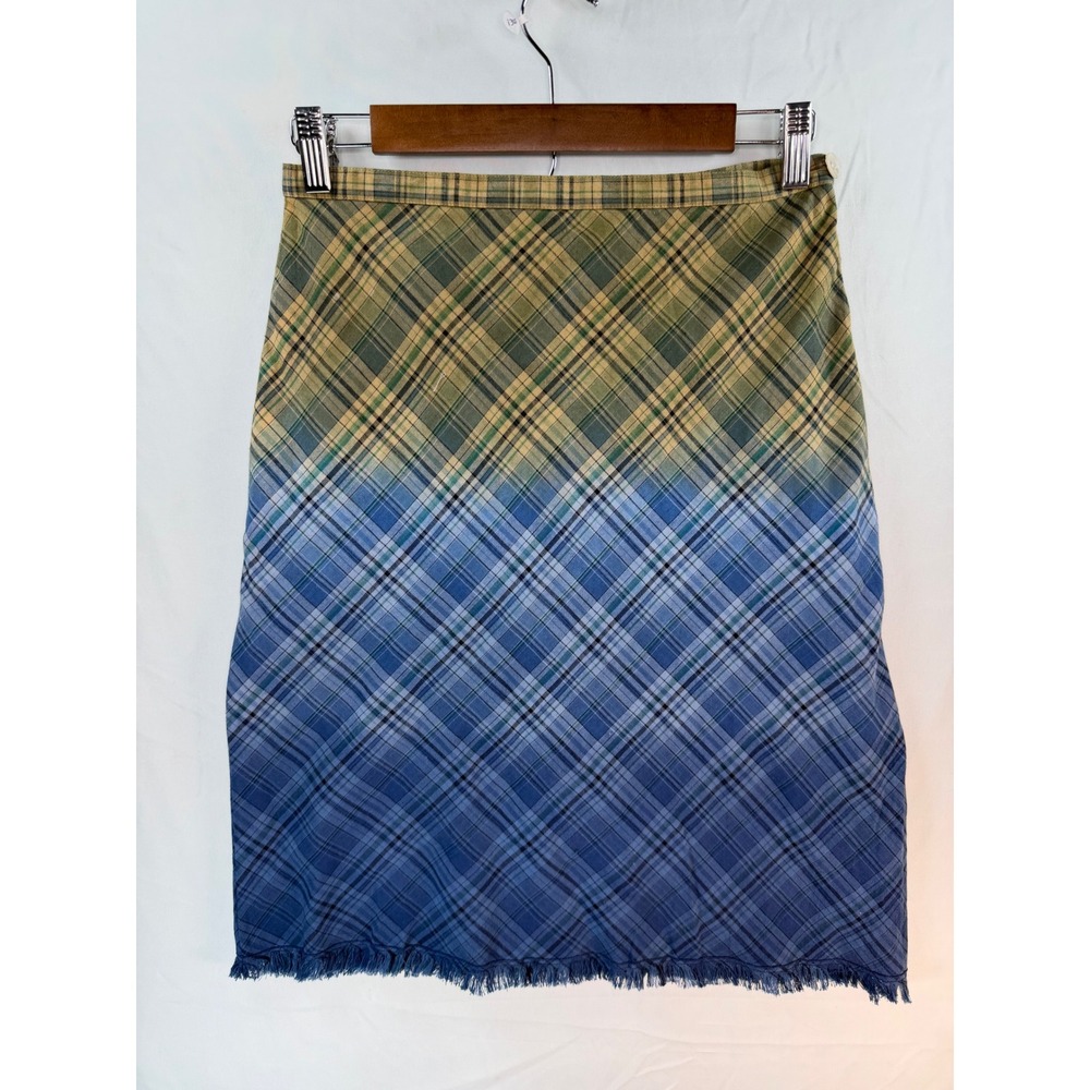 Studio M Jeans Ombre Plaid Fringe Hem Skirt Green Blue Size 2 NWT